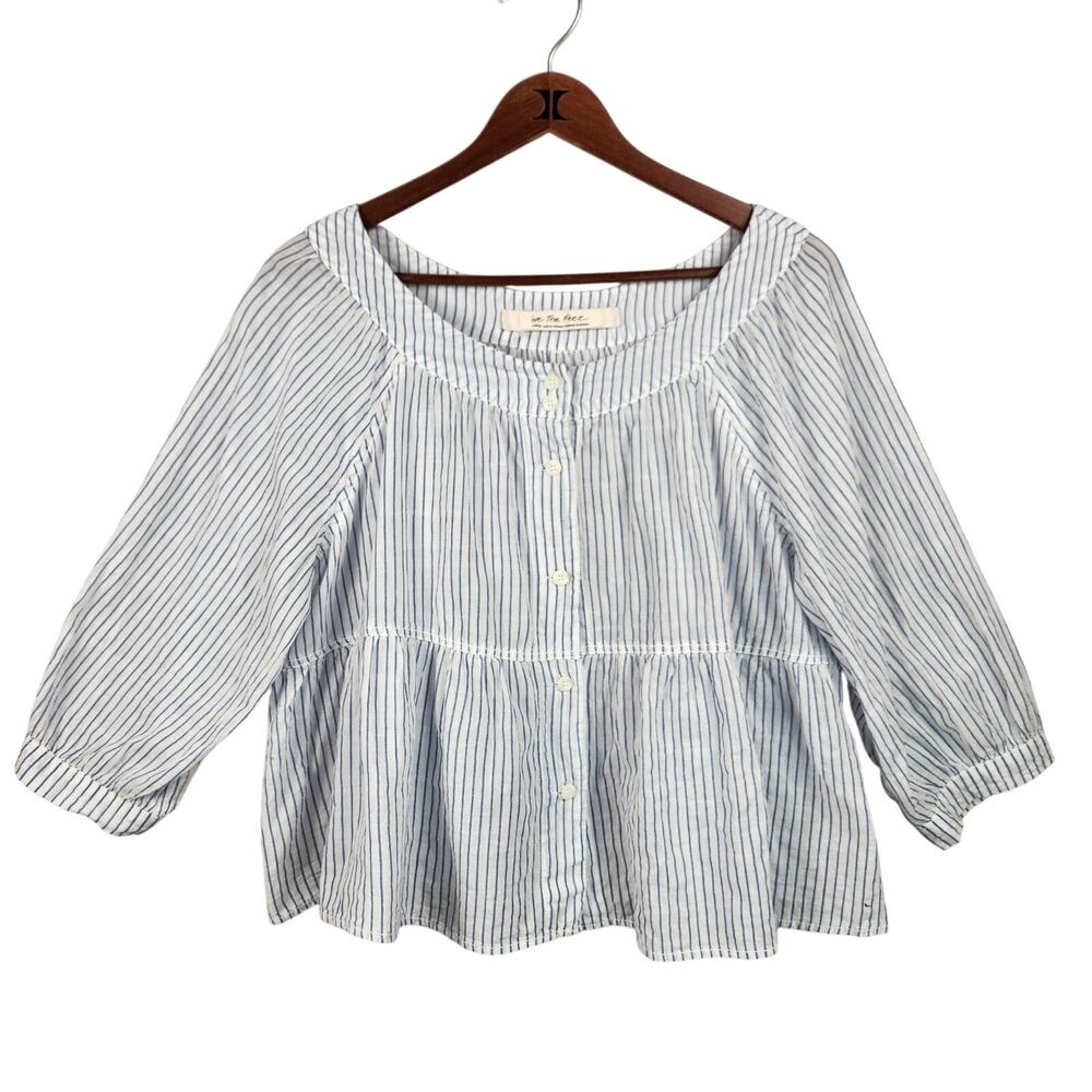 Free People Blue and White Striped Peasant Blouse